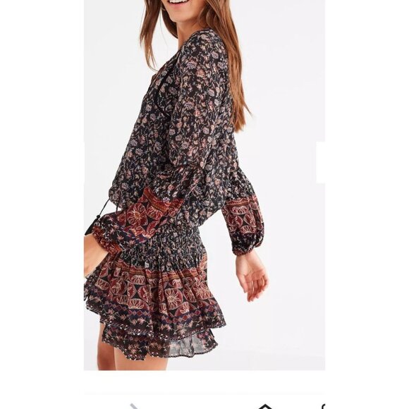 ASTR The Label Balloon Sleeve Printed Tiered Midi Chiffon Dress Brown Sz L #1523 - Picture 2 of 16